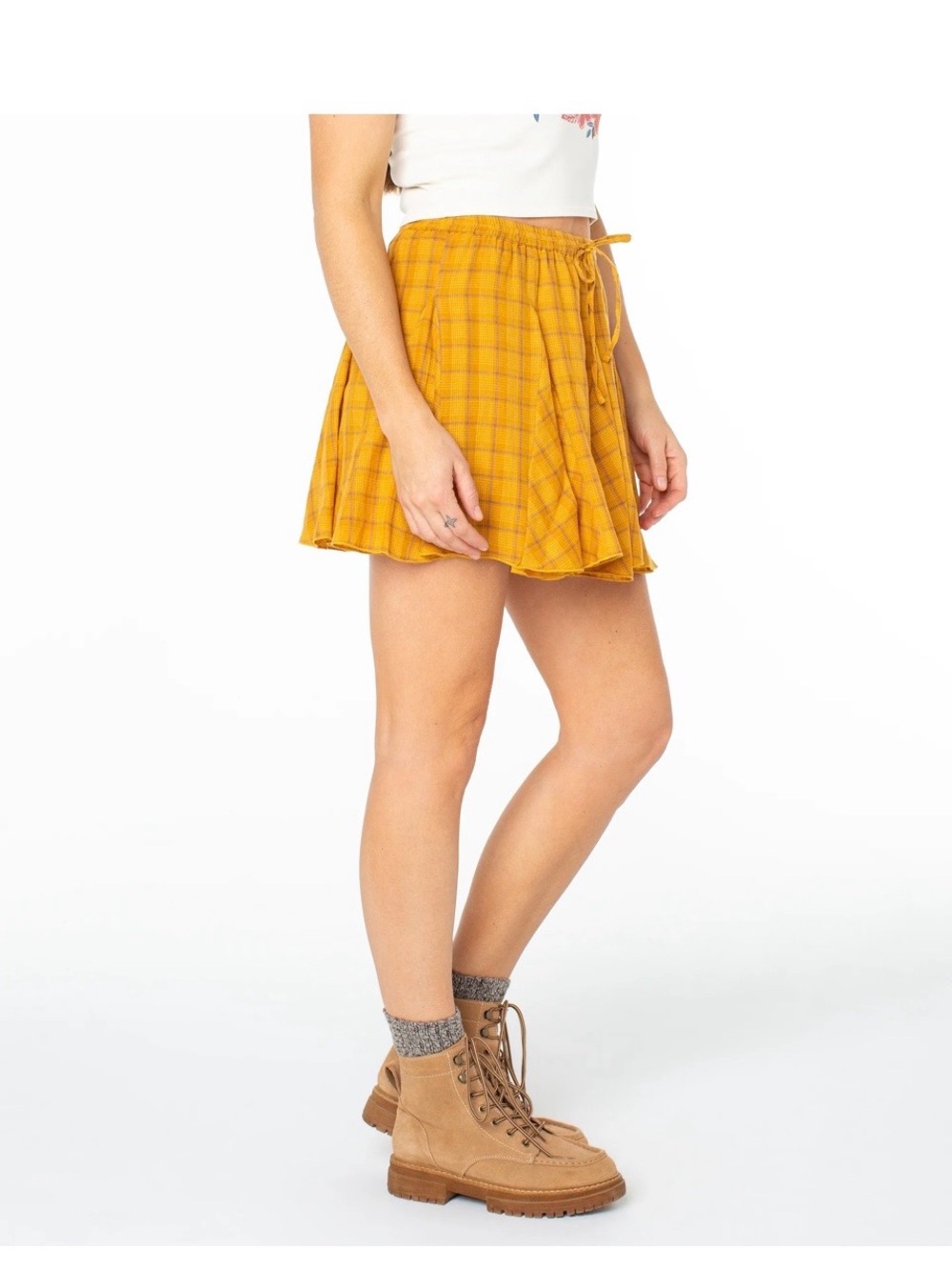 NEW ROXY Forever Dreamin Skirt Mustard yellow & brown plaid Circle Skater Mini L